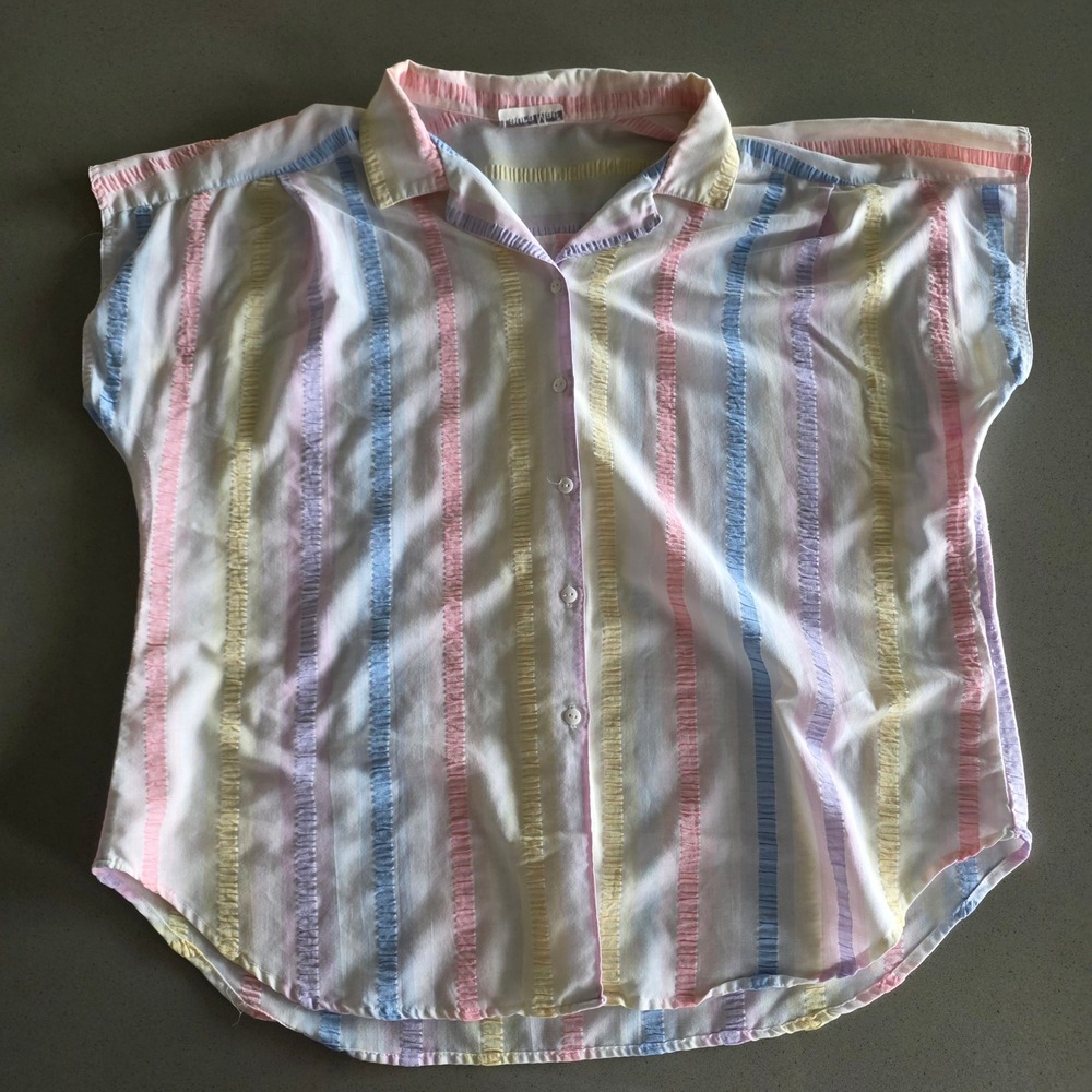Laura Mae Vintage Pastel Rainbow Stripe Ruffle Textured Button Down Shirt XL